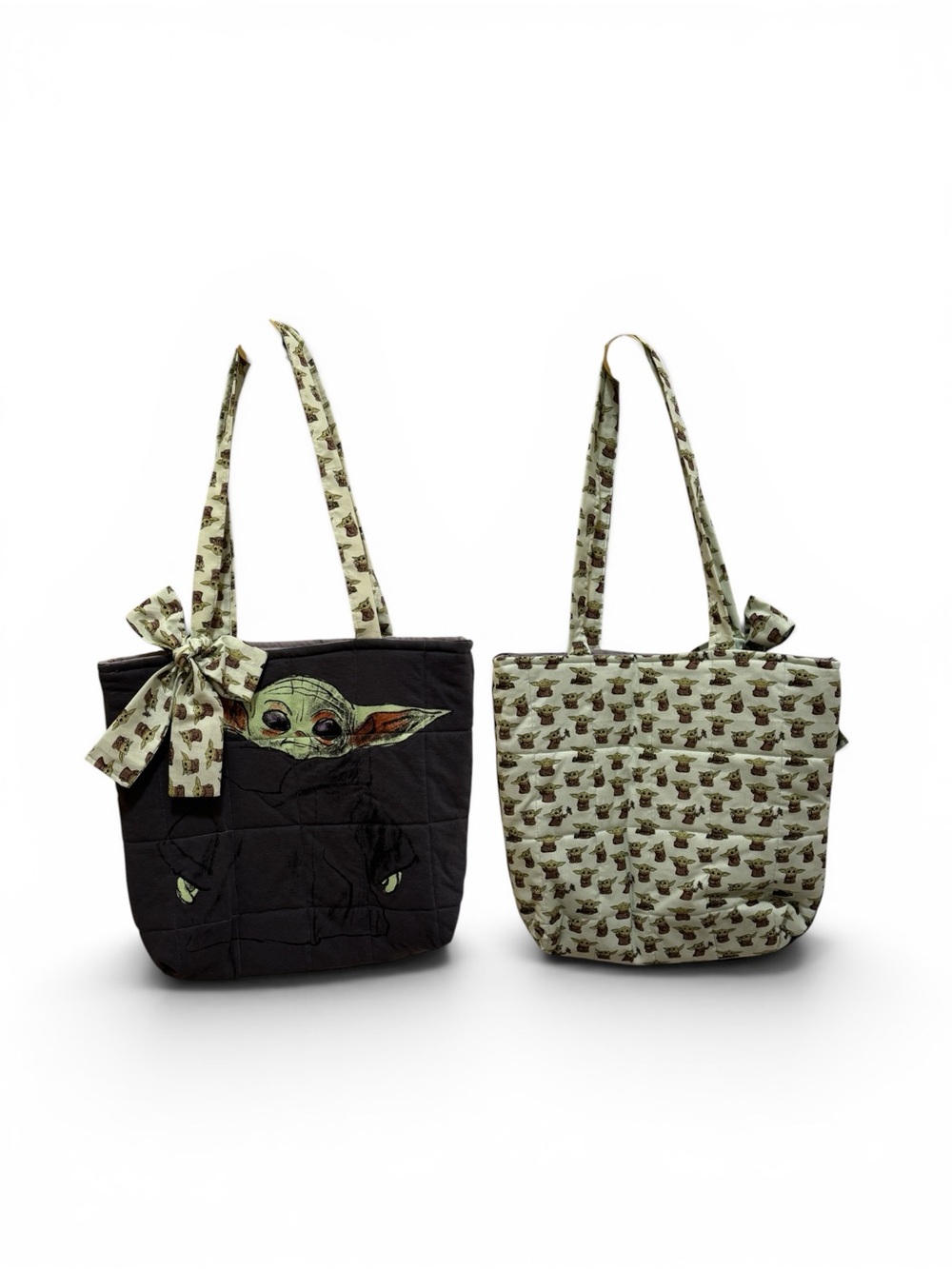 Handmade Baby Yoda Quilted Tote Bag - dark grey Green Print tote Bag
